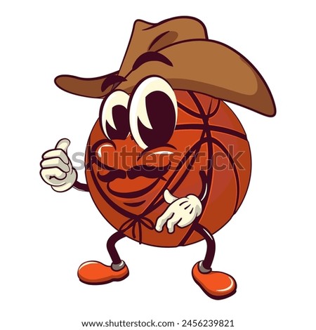 Basketball cartoon mascot wearing a cowboy hat, illustration character vector clip art work of hand drawn
