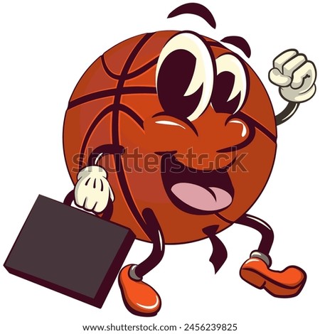 Basketball cartoon mascot wearing a tie and carrying a suitcase rushing to the office, illustration character vector clip art work of hand drawn