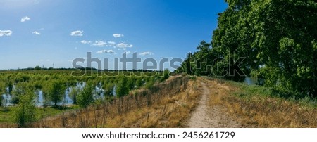 Levee in west sacramento with water on both sides panoramic  Royalty-Free Stock Photo #2456261729