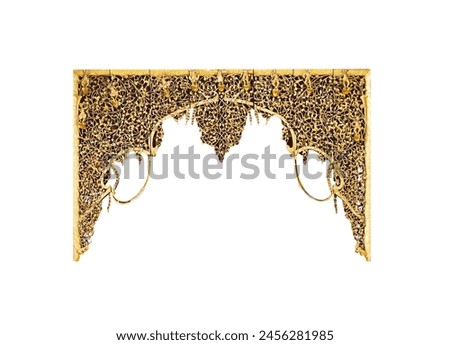 Old gold yellow gable temple structure with stencil patterns decorative on wood entrance arches isolated on white background , clipping path