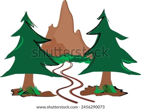 View of the Mountain Behind Two Tall Trees,  Simple flat Vector Design
