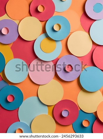 Visually striking abstract background, colorful paper circles of different colors, sizes and shapes