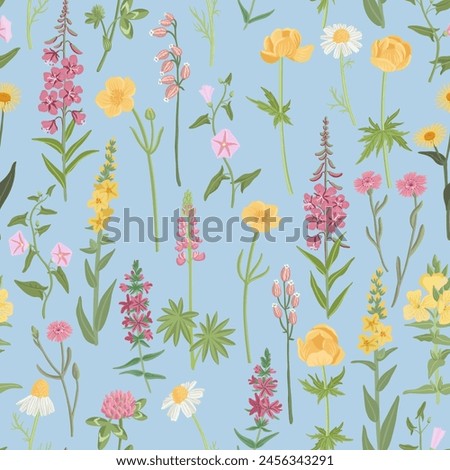 seamless pattern with yellow and pink field flowers, vector drawing wild flowering plants at blue background, floral ornament, hand drawn botanical illustration