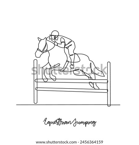 One continuous line drawing of Equestrian jumping sports vector illustration. Equestrian jumping sports design in simple linear continuous style vector concept. Sports themes design illustration.