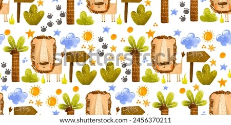 Seamless pattern with Cute cartoon lion in wild jungle. Background for children Cute children's hand drawn illustration on isolated background
