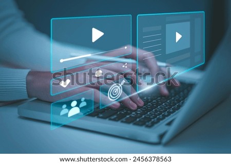 Video advertisement Digital marketing concept, using laptop creating video content for online adverts on social media and websites for traffic and awareness.