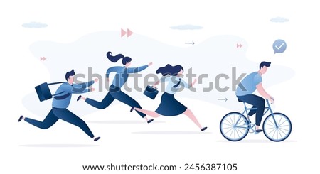 Business competition. Advantage, concept. Businessman riding bicycle wins using mechanical advantage. Teamwork, human racing. Winner and losers businesspeople. Gender inequality. Office Relationships.