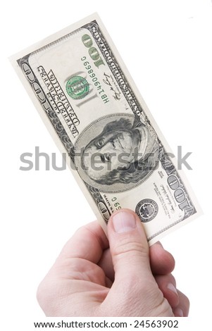 hand holding 100 dollars banlnore isolated on white