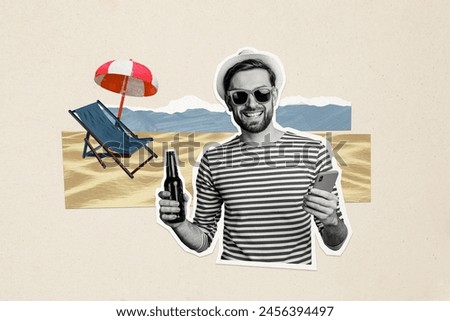 Composite photo collage of happy man wear sunglass hold beer bottle iphone device summer trip ocean vacation isolated on painted background