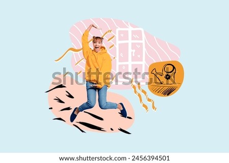 Creative picture funky crazy youn g girl smile laughter positive mood indoors apartments interior drawing window showing height jumper
