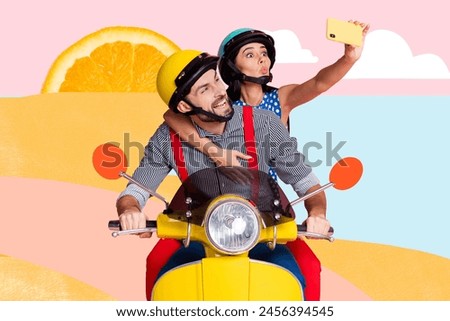 Composite photo collage of happy couple ride vespa moped make selfie iphone summer vacation orange tropics isolated on painted background