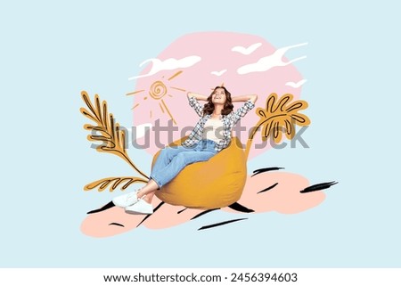 Creative picture collage sitting dreamy woman outdoors nature environment sunny weather sky clouds positive mood warm climate