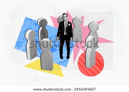 Composite trend artwork sketch photo collage of black white silhouette business man leader boss stand in circle incognito person people