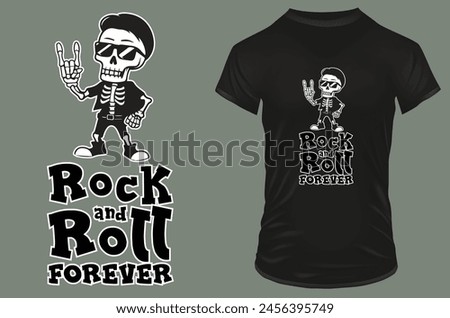 Cute cool skeleton with sunglasses showing rock hand symbol with a funny quote rock and roll forever. Vector illustration for tshirt, website, print, clip art, poster and print on demand merchandise.