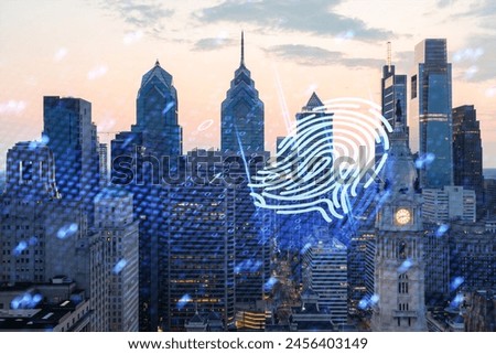 Philadelphia cityscape at dusk with a fingerprint hologram overlay representing security and technology concept on a building background. Double exposure