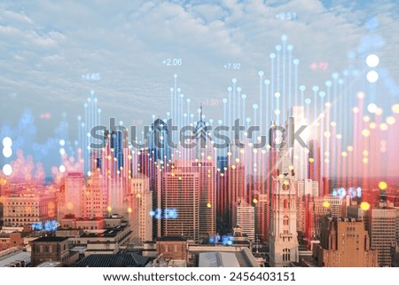 Philadelphia cityscape with holographic data overlay, light background, technology and future concept. Double exposure