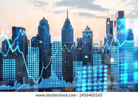 Philadelphia cityscape with digital financial graphs overlay, depicting future technology and business concept on an urban background. Double exposure