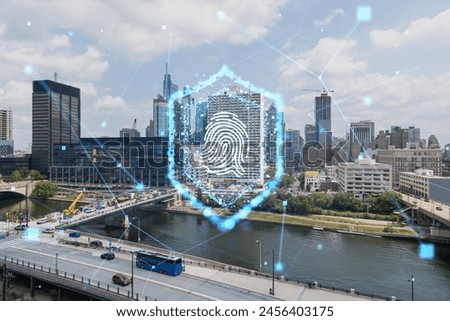 Philadelphia cityscape with a futuristic hologram of a fingerprint, double exposure, bright day. Technology and security concept. Double exposure