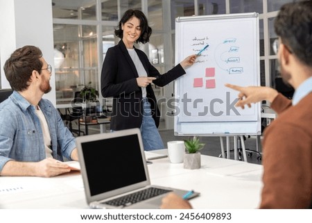 Businesswoman showing presentation on whiteboard in coworking space