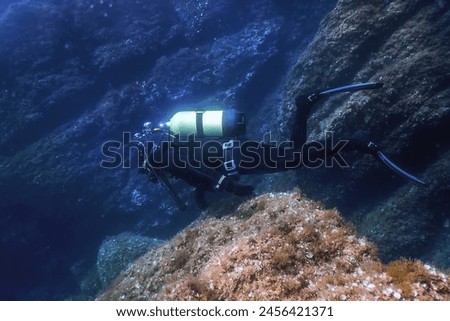 Scuba Diver Swimming Underwater Explores Reef and Examines Seabed