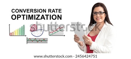 Woman using digital tablet with conversion rate optimization concept on background