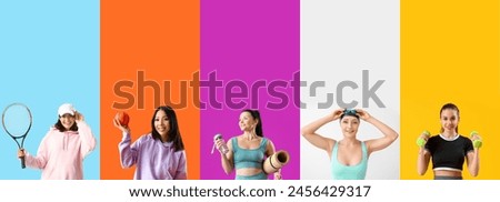Set of many sporty women on color background