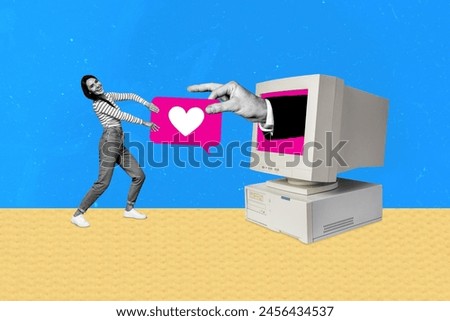 Trend artwork composite 3D photo collage of young lady pull push heart icon like feedback follow app website hand appear from computer