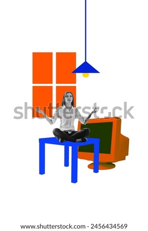 Vertical photo collage of calm peaceful girl meditate table pc monitor office supply retreat hard work day isolated on painted background