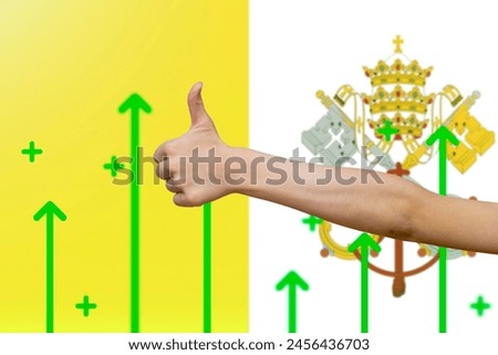 Vatican flag with green up arrows, increasing values and improving economy, country statistics concept, finger thumbs up front of Vatican flag, upward rising arrow on data