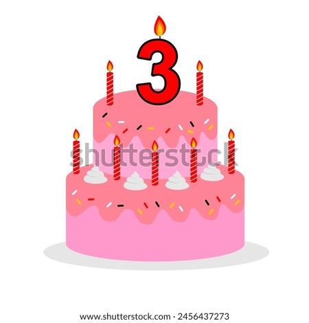 3rd pink birthday cake with red numeral candle cartoon style 3d editable in vector