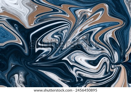 Abstract fluid art background Dark blue, white and brown colors. Liquid marble. Acrylic painting on canvas with green shiny gradient. Alcohol ink backdrop with pearl wavy pattern.