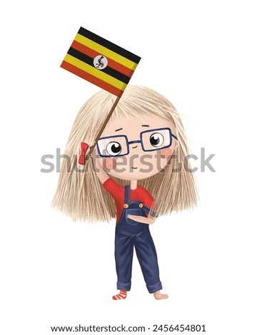Funny cute girl with flag of Uganda. Bright clip art isolated