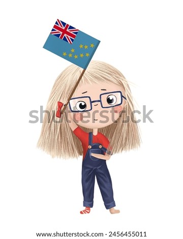 Funny cute girl with flag of Tuvalu. Bright clip art isolated