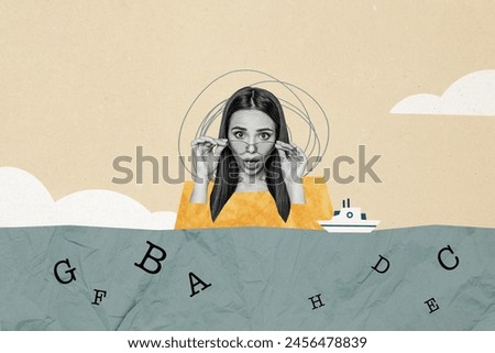 Creative collage picture young amazed woman eyewear shocked reaction look stare ship sailing vacation sea ocean environment