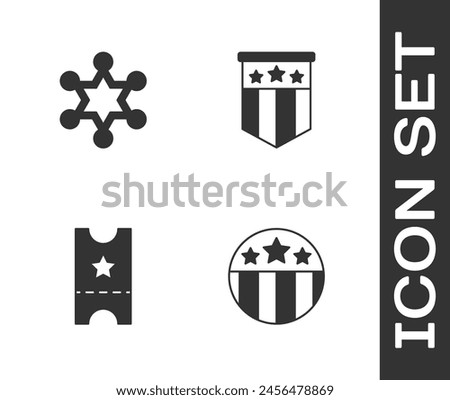 Set Medal with star, Hexagram sheriff, Baseball ticket and American flag icon. Vector