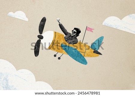 Creative picture collage young happy man energetic persistent target achievement airplane pilot clouds destination flag