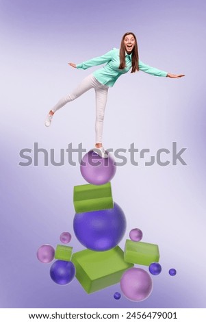 Vertical photo collage of astonished girl stand up career pile balance leadership ambition receive promotion isolated on painted background