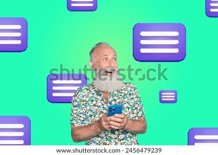 Composite photo collage of happy old man hold iphone device receive message email correspondence media isolated on painted background