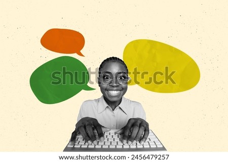 Creative picture collage smiling crazy girl worker employee office job typing pc keyboard textboxes communication gossips