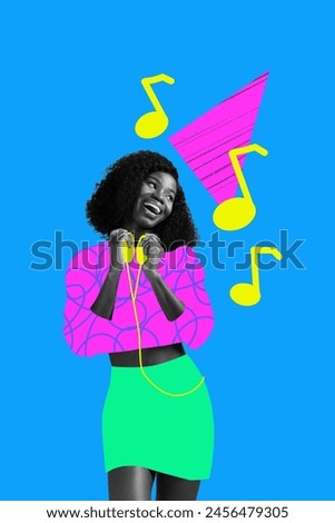 Vertical collage image young cheerful positive mood vibe chill meloman music listener headphones stereo album drawing background