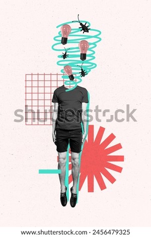 Vertical picture collage headless man lightbulb power electrical lamp idea concept genius solution thought checkered background
