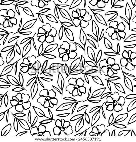 Hand drawn floral black and white vector seamless pattern. Leaves and flowers, lace ornament. For fabric prints, textiles, packaging.
