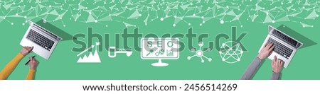 Top view of hands using laptop with symbol of seo concept