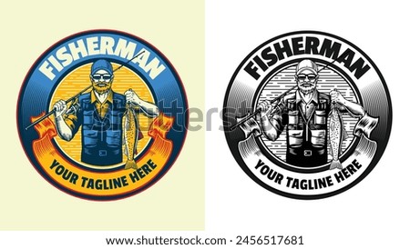 Fisherman Catching Trout Fish Badge Logo Design
