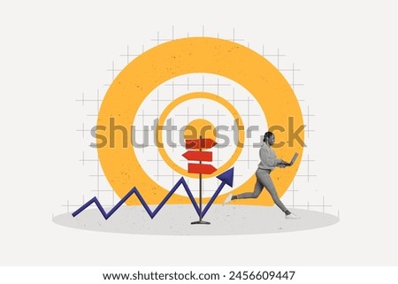 Photo collage composite sketch image of young confident successful business lady run hold in hand laptop arrow pointer show way direction