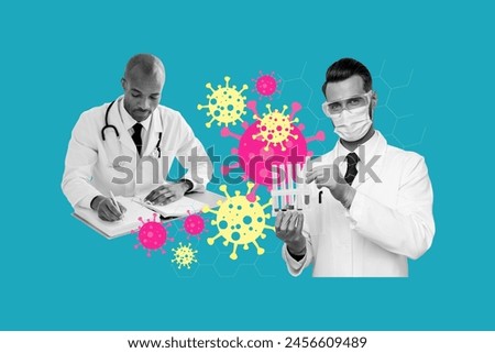 Picture collage creative image two scientists doctors create vaccine immune cure coronavirus protection epidemic treatment lab coats