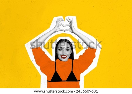 Photo collage cartoon comics sketch picture of happy smiling lady showing arms heart isolated yellow color background