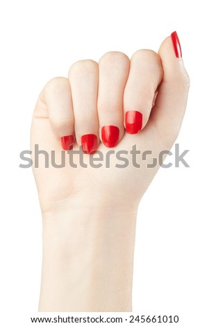 Manicure on female hand with red nail polish isolated on white, clipping path included