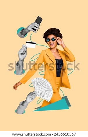 Vertical photo collage of american businesswoman wear sunglass yellow suit credit card money iphone nfc isolated on painted background