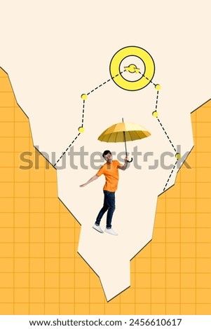 Sketch image composite trend artwork 3D photo collage of silhouette man fly fall down in canyon from air hold in hand umbrella goal target